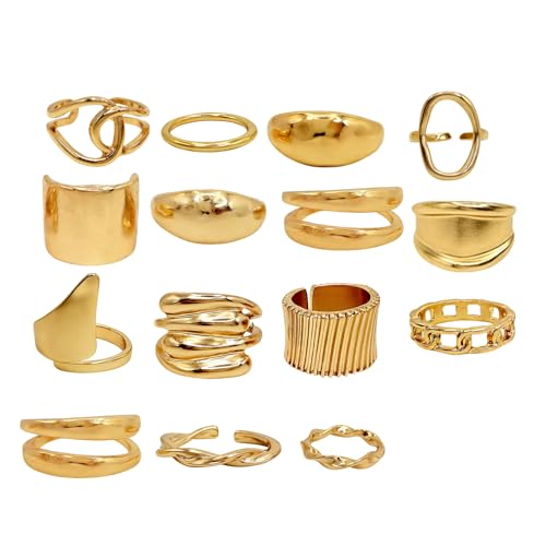 15 Pcs Gold Plated Knuckle Rings Set for Women, Statement Stackable Midi Rings, Dainty Chunky Stacking Statement Ring Pack