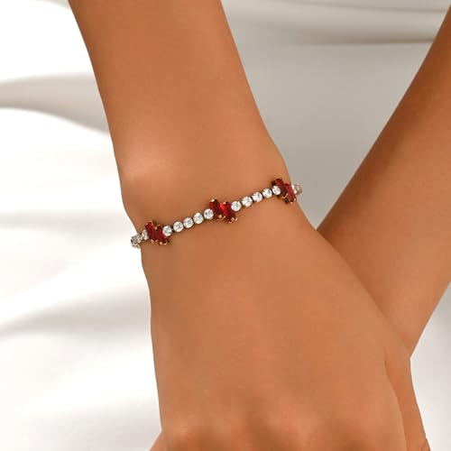 18K Gold Plated Cubic Zirconia Tennis Bracelet for Women Sparkling Stackable Stainless Steel Jewelry Hypoallergenic Tarnish Resistant Bridal Gift - color: Red Baguette CZ-Gold