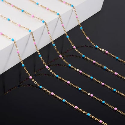 16.4FT Blue Pink Enamel Bead Chain Roll Gold Plated Necklace Jewelry Links | Gold Plated Stainless Steel Bulk Chains for Jewelry Making with Lobster Clasps Jump Rings for Crafting - color: gold-blue pink
