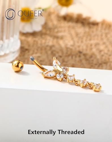 OUFER Gold Belly Button Ring, 14G Butterfly Dangle Belly Button Piercing, Pave Clear CZ Belly Rings, 316L Surgical Steel Navel Belly Piercing Jewelry For Women - style: CZ Dangle