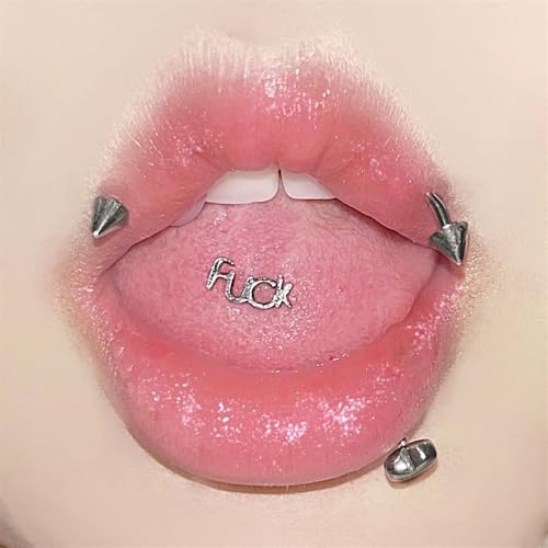 14G Stainless Steel Tongue Ring Letter Naughty Word Tongue Barbell Piercing Ring 16mm Straight Bar Body Piercing Jewelry for Women Men