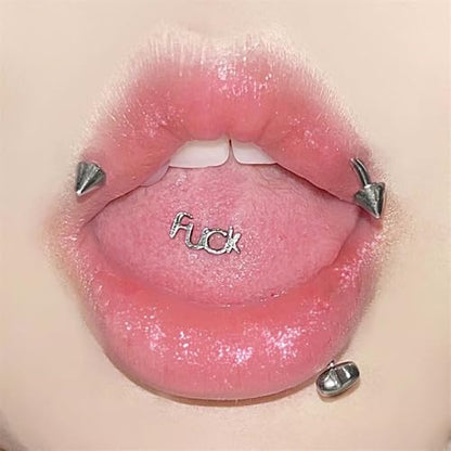 14G Stainless Steel Tongue Ring Letter Naughty Word Tongue Barbell Piercing Ring 16mm Straight Bar Body Piercing Jewelry for Women Men