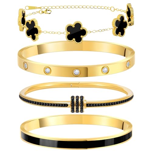 MOINSPIRE Gold Bracelets for Women, 18K Gold Plated Tennis Nail Clover love Bangle Bracelets Set Non Tarnish, Stainless Steel Trendy Stackable Bracelet Fashion Jewelry Accessories Gifts for Christmas - color: C1-Black