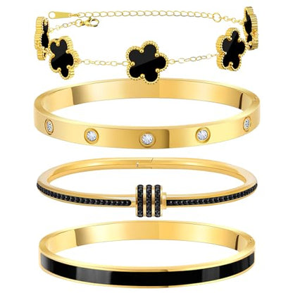 MOINSPIRE Gold Bracelets for Women, 18K Gold Plated Tennis Nail Clover love Bangle Bracelets Set Non Tarnish, Stainless Steel Trendy Stackable Bracelet Fashion Jewelry Accessories Gifts for Christmas - color: C1-Black
