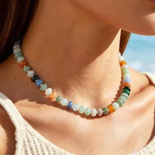 HAXIYA Colorful Beades Gemstone Necklace for Women Boho Beaded Choker | Rainbow Natural Stone Chunky Bead Surfer Summer Beach Necklaces Jewelry Hypoallergenic - color: Green