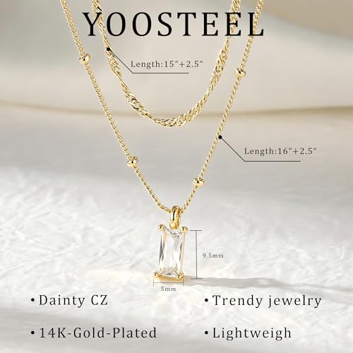 Yoosteel Layered 14K-Gold-Plated Necklace for Women,CZ Necklaces Stack | Dainty Cubic Zirconia Pendant Necklace,Simple Chain Choker Stackable,Trendy Jewelry,Wedding Bridesmaid Gifts - color: Layered Rectangle CZ