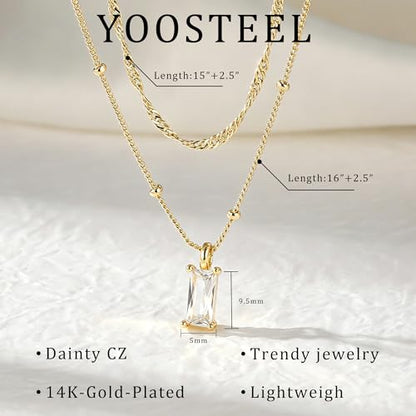 Yoosteel Layered 14K-Gold-Plated Necklace for Women,CZ Necklaces Stack | Dainty Cubic Zirconia Pendant Necklace,Simple Chain Choker Stackable,Trendy Jewelry,Wedding Bridesmaid Gifts - color: Layered Rectangle CZ