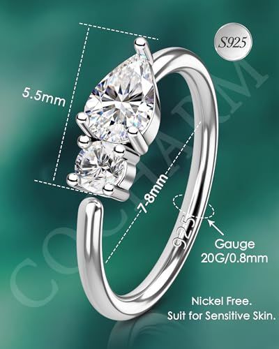 20G 925 Sterling Silver Small Thin Nose Ring Hoop for Women, Silver 7mm - 8mm Adjustable Half Hoop Nostril Piercing Jewelry - color: Clear CZ