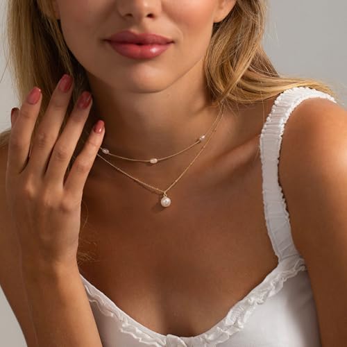 Plenky Pearl Necklaces for Women-14k Gold Plated Layered-Single Pearl Necklace Simple Pearl Choker Necklaces for Women Trendy Cute Gold Necklace Jewelry for Women Gifts - style: Double Pearl Necklace