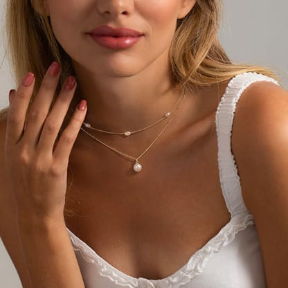 Plenky Pearl Necklaces for Women-14k Gold Plated Layered-Single Pearl Necklace Simple Pearl Choker Necklaces for Women Trendy Cute Gold Necklace Jewelry for Women Gifts - style: Double Pearl Necklace
