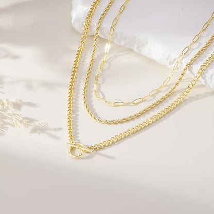 Turandoss Layered Necklaces for Women, 14K Gold Plated Chain Necklace Stack | Non Tarnish Gold Necklaces for Women, Toggle Clasp Herringbone Rope Satellite Cuban Link Chain Necklace, Trendy Jewelry Gifts - color: "paperclip+rope+toggle
