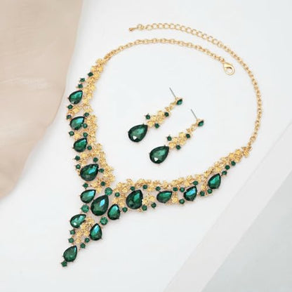 CSY Elegant Crystal Costume Jewelry Sets Flower Bridal Necklace Earrings Stretch Bangle Set for Bride Bridesmaid Wedding Dress Accessories - color: Green Crystal-Gold Tone