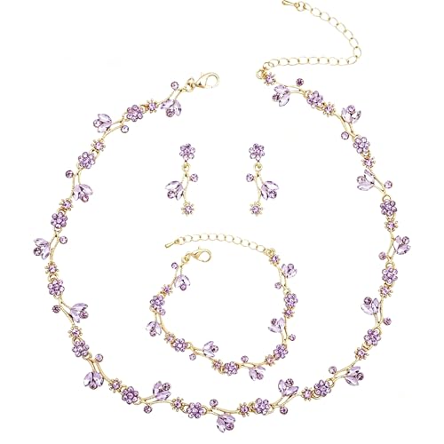 Elegant Brides Austrian Crystal Flower Choker Necklace Drop Dangle Earring Bracelet Wedding Jewelry Set for Bridesmaid Prom Costume Jewelry Set for Women - color: Violet-Gold Plated