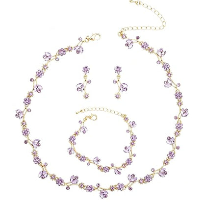 Elegant Brides Austrian Crystal Flower Choker Necklace Drop Dangle Earring Bracelet Wedding Jewelry Set for Bridesmaid Prom Costume Jewelry Set for Women - color: Violet-Gold Plated
