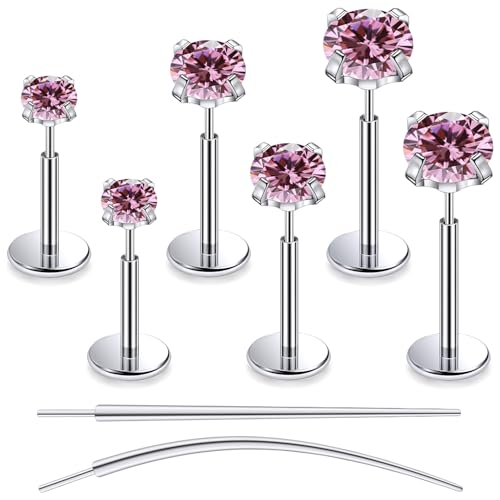 F136 Titanium 20/18/16G Earrings Nose Lip Rings Medusa Tragus Cartilage Helix Labret Flat Back Threadless Implant Grade Stud Piercing Jewelry for Women - color: Pink CZ, size: 18g*6/7/8mm*2/3/4mm