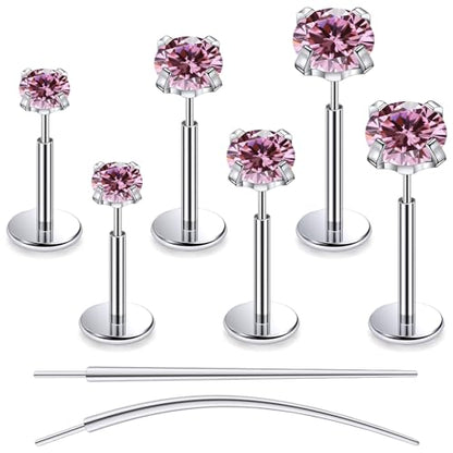 F136 Titanium 20/18/16G Earrings Nose Lip Rings Medusa Tragus Cartilage Helix Labret Flat Back Threadless Implant Grade Stud Piercing Jewelry for Women - color: Pink CZ, size: 18g*6/7/8mm*2/3/4mm