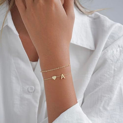 Gold Initial Bracelets for Women Trendy, Dainty Layered 14K Gold Plated Heart Letter Charm Bracelets, letter beads for name bracelets Jewelry Gifts - color: Gold-A