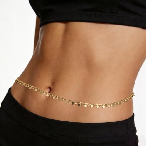 JINEAR 14K Gold Plated Waist Chain for Women Body Chain Belly Chains | Dainty Bead Chains Waterproof Summer Beach Bikini Accessories Gold Jewelry Belt Festival Outfits for Women - color: Big Glitter Body Chains