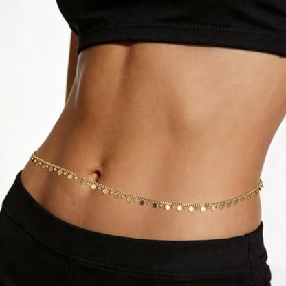 JINEAR 14K Gold Plated Waist Chain for Women Body Chain Belly Chains | Dainty Bead Chains Waterproof Summer Beach Bikini Accessories Gold Jewelry Belt Festival Outfits for Women - color: Big Glitter Body Chains
