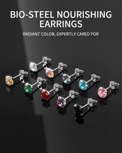 6 Pairs Stud Earrings Set, Hypoallergenic Cubic Zirconia Earrings 316L Stainless Steel CZ Earrings 3-8mm - color: A-Aurora Borealis CZ