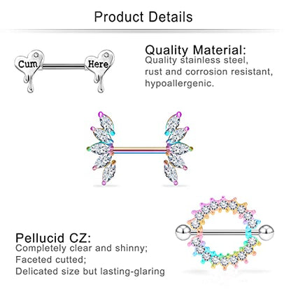 Cisyozi Butterfly Nipple Rings 14G Nipple Piercing Jewelry Stainless Steel Nipple Tongue Ring Barbell Piercing Jewelry for Women 14mm Silver Black Purple Rose Gold 7Pairs - color: 14G(1.6mm) Purple Set