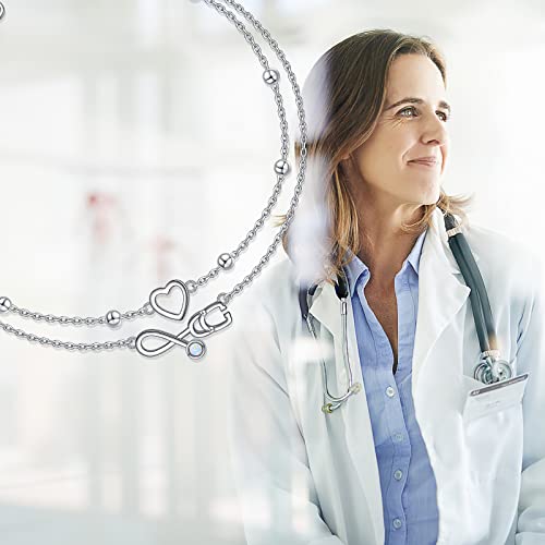 Flyow Anklet for Women S925 Sterling Silver Adjustable Foot Beaded Heart Charm Ankle Bracelet Anklets Jewelry - style: Stethoscope