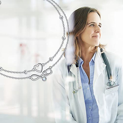 Flyow Anklet for Women S925 Sterling Silver Adjustable Foot Beaded Heart Charm Ankle Bracelet Anklets Jewelry - style: Stethoscope