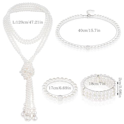 Faux Pearl Necklace and Earrings Set for Women Faux Pearl Bracelets Costume Jewelry Set for Wedding Bridal Birthday Party