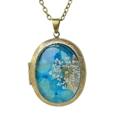Vintage Photo Locket Necklace Handmade Pressed Flower Locket Necklace for Women - style: Blue Hydrangea(1.53"x 1.85")