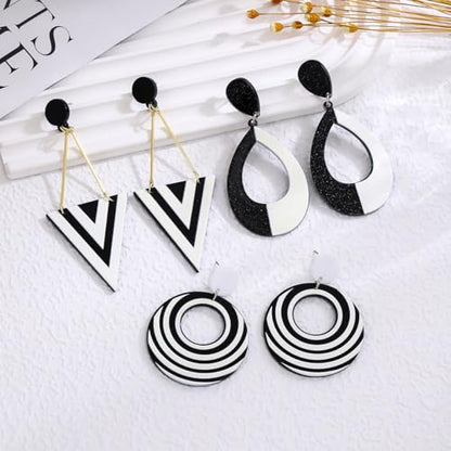 Black and White Acrylic Earrings Dangle Trendy Long Water Drop Earrings Fashion Geometric Resin Statement Earrings Boho Lightweight Jewelry for Women - style: Round