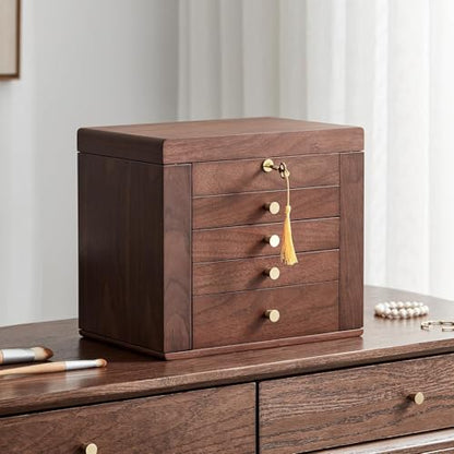 Black Walnut Wooden Jewelry Box Wood Jewelry Organizer with 2 Side Doors Mirror Lockable Classical Style for Watch Necklace Ring Earring Storage, Ideal Gift for Women-5 Layer - style: 5 Layer (Full Lock)