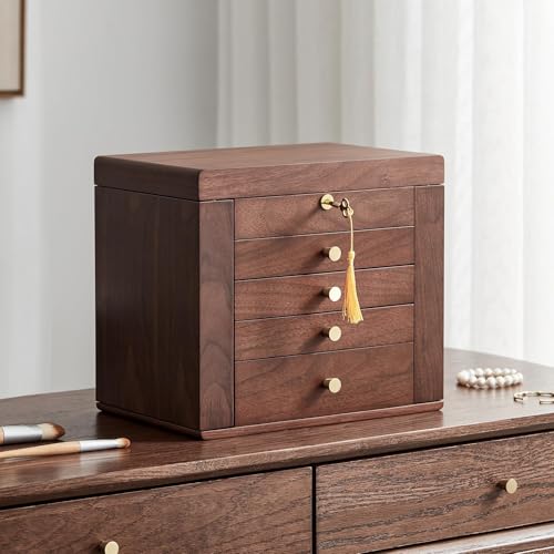 Black Walnut Wooden Jewelry Box Wood Jewelry Organizer with 2 Side Doors Mirror Lockable Classical Style for Watch Necklace Ring Earring Storage, Ideal Gift for Women-5 Layer - style: 5 Layer (Full Lock)