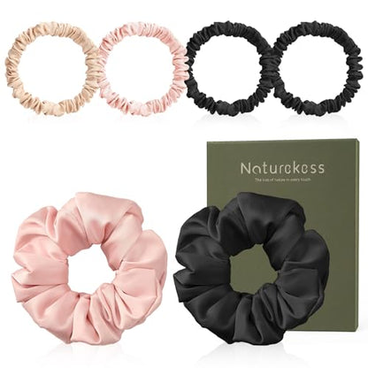 6PCS 100% Mulberry Silk Scrunchies Set, 2 Large and 4 Thin Silk Hair Ties for Women, No Damage Hair Accessories, Black Pink Champagne - color: Color 01