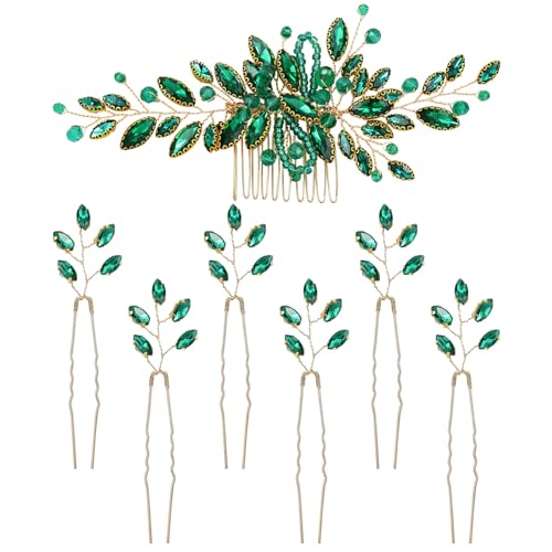 Dizila 7 Pieces Emerald Green Crystal Bead Party Prom Wedding Bridal Vine Leaf Hair Side Combs + Rhinestone U-shaped Hair Pins Headpieces for Brides Bridesmaids Women Girls - color: Emerald Green