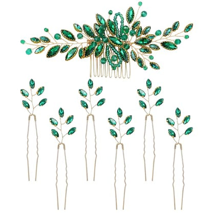 Dizila 7 Pieces Emerald Green Crystal Bead Party Prom Wedding Bridal Vine Leaf Hair Side Combs + Rhinestone U-shaped Hair Pins Headpieces for Brides Bridesmaids Women Girls - color: Emerald Green