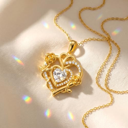 KQ&TTENG Heart Necklaces for Women 14K Gold Plating Hearts Necklace CZ Romantic Rose Pendant Mothers Day Anniversary Birthday Gift for Wife Mom Her - style: 14-Double Rose Heart Necklace