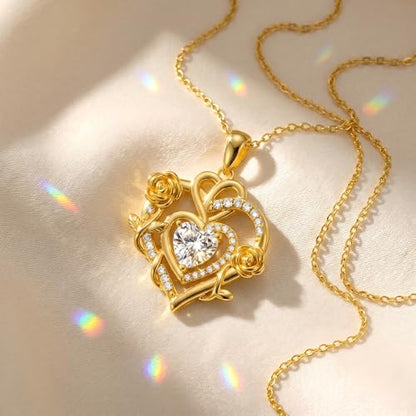 KQ&TTENG Heart Necklaces for Women 14K Gold Plating Hearts Necklace CZ Romantic Rose Pendant Mothers Day Anniversary Birthday Gift for Wife Mom Her - style: 14-Double Rose Heart Necklace