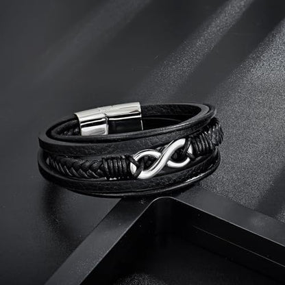 Men's Leather Infinity Bracelet Stainless Steel Number 8 Wristband Cuff Bangle Bracelets Gifts for Men, 8.3 & 9.1 inches - color: 02.Five-layers leather & silver infinity, size: 8.3inch(Fits most wrists.)