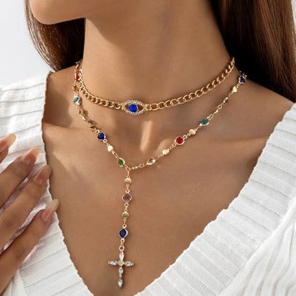 Layered Necklace for Women Double Layered Gold Necklace Snake Chain Simple Fashionable Versatile Jewelry Gift - color: Colorful Stacked Cross Necklace