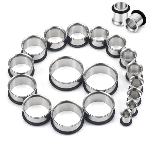 12G-25mm Single Flared Gauges Tunnels Stretching Kit 316L Surgical Steel O-ring Ear Gauges Plugs Earring Lobe flesh Tunnel Gauge Stretcher Silver Black Gold Color Tone - color: Silver, size: 6g/4g/2g/0g/00g/12mm/14mm/16mm18mm