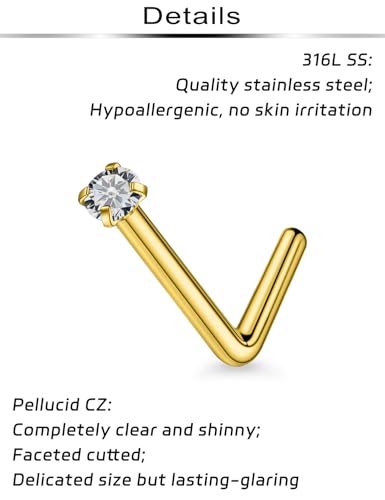 20Pcs Nose Rings Studs Surgical Steel L-Shape Nose Rings for Women 1.5mm 2mm Cubic Zirconia Nose Screw Studs Hypoallergenic Nose Piercings Jewelry 24g 22g 20g 18g - color: L-shape,goldtone, size: 20g,1.5mm CZ