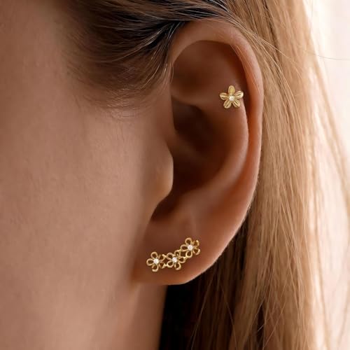 Star 14K Gold Plated Ear Cuff Earrings for Women Non Piercing, Dainty Silver Plated Clip on Cartilage Ear Cuff Non Pierced Trendy CZ Northstar Starburst Sparkling Climber Clawer Earring Jewelry - style: Flower Cluster-4