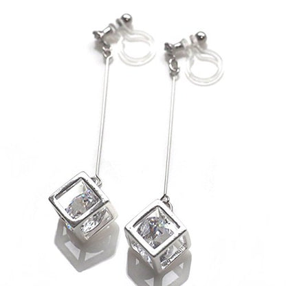 Drop Cubic Zirconia Invisible Clip On Earrings for Women Not Pierced Gold Teardrop Sqaure CZ Crystal Dangle Gold Silver Comfortable Clip On Earrings Bridal Wedding Prom - color: Cube Silver