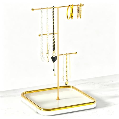 Gold Necklace Holder with Ceramic Base,Jewelry Organizer Stand,1.3ft Height Tall Necklace Hanger Tower Organizer, Aesthetic Jewelry Stand for Necklace, Earring, Bracelets, Rings Display (White)