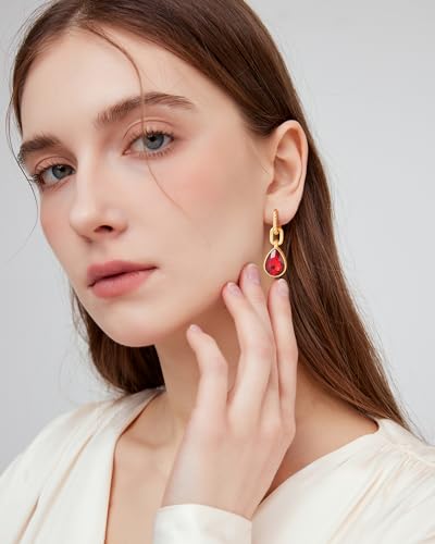 Crystals Teardrop Dangle Drop Earrings, 18K Gold Plated Hoop Earrings Zirconia Jewelry for Women Gifts - color: Red-Long