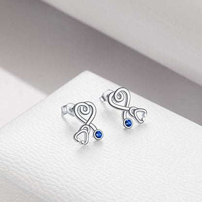 Stethoscope Earrings 925 Sterling Silver Heart Studs Earrings 12 Months Birthstone Crystals from Austria, Graduation Jewelry Gifts for Nurse Doctor RN Medical Student - color: Simulated Sapphire