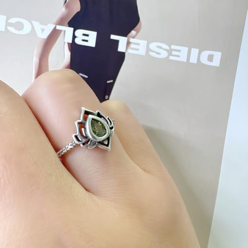 Lotus Ring for Women - Zircon Inlaid Flower Promise Ring - My Trauma Inspirational Statement Floral Jewelry Gift - color: green