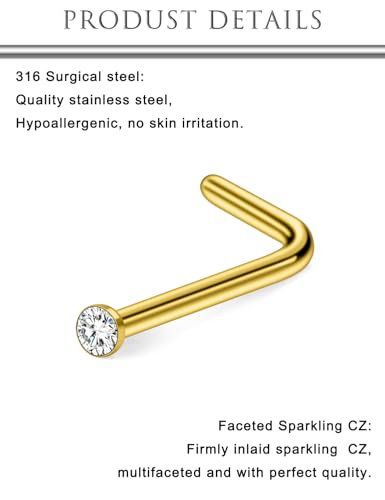 Hoeudjo Nose Studs Surgical Steel Cubic Zirconia Nose Rings Kit for Women Men Tiny Nose Stud Bone & Screw & L Shaped Nostril Piercing Jewelry 18/20/22/24 Gauge 10 Pieces - color: gold-tone,L-shaped nose studs, size: 24g/1.5mm clear CZ