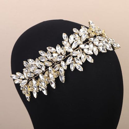 Missgrace Women Silver Green Black Red Blue Handmade Full Crystal Rhinestone Large Headband Hair Vine Shinny Headpiece Bridal Wedding Hair Accessories for Women (Gold plated) - color: Gold plated