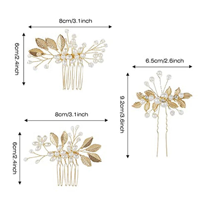Cinaci 25 Pack Sparkly Glitter Gold Rhinestone Pearl Leaf Flower Metal Wedding Bride Bridal Metal Hair Side Combs+U-shaped Hair Pins Clips Barrettes Slide Combs Headpieces Wedding Accessories for Women Girls